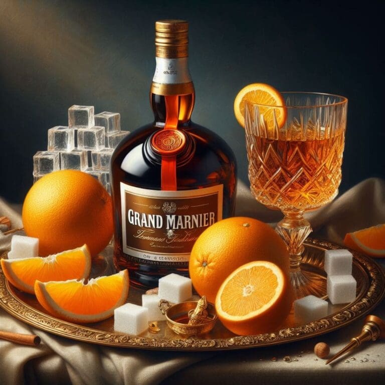 A bottle of Grand Marnier liqueur surrounded by whole and sliced oranges, and sugar cubes, on a wooden tray.
