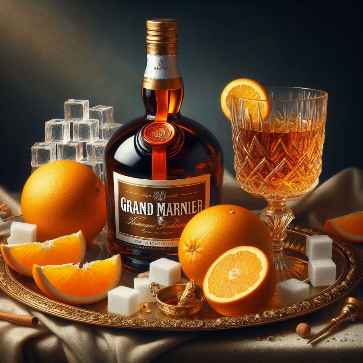 A bottle of Grand Marnier liqueur surrounded by whole and sliced oranges, and sugar cubes, on a wooden tray.