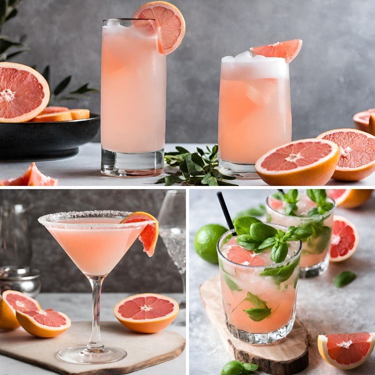 A collage of grapefruit cocktails and grapefruit slices.