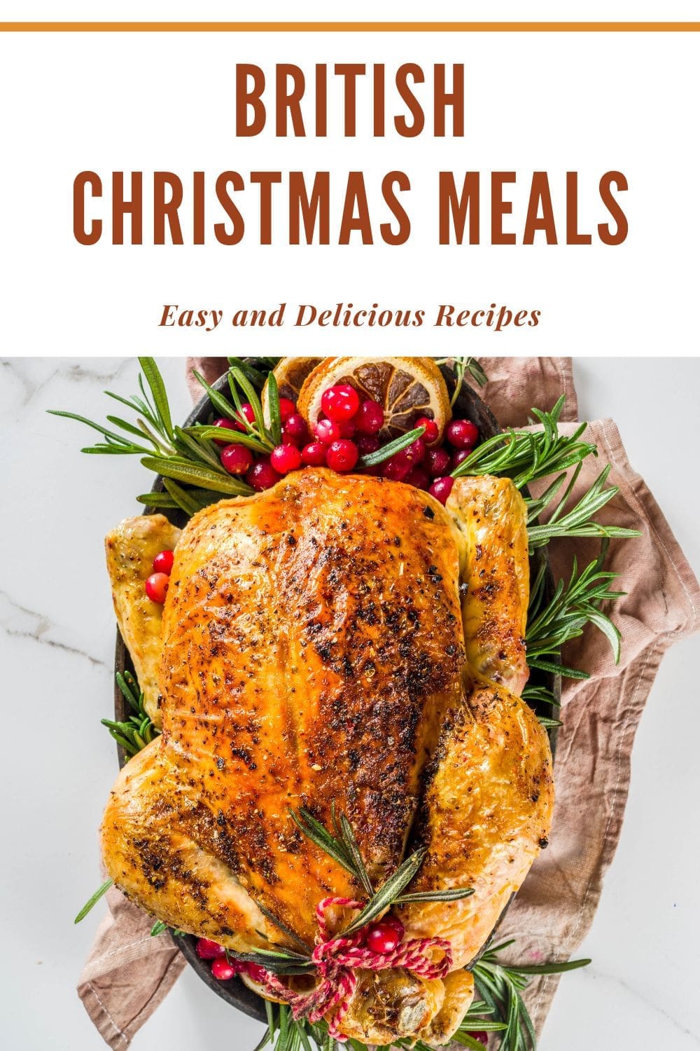 Roasted whole turkey with fruit and rosemary on a white marble background.