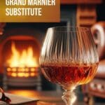 A glass of Grand Marnier liqueur, sits on a wooden table.