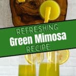 Collage of glasses of Irish mimosa with lemon slices on a wooden tray.