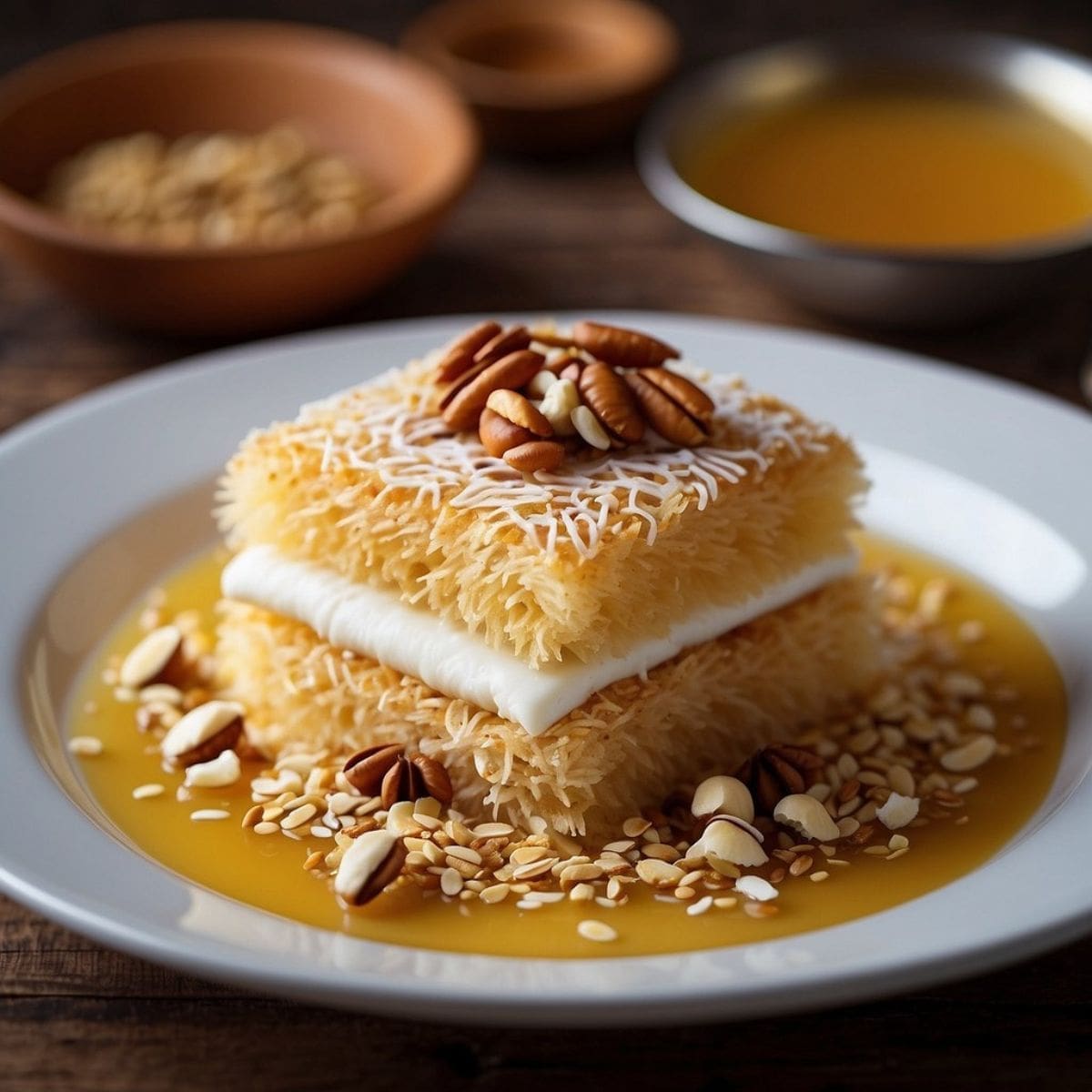 A close-up photo of a slice of kataifi on a white plate.