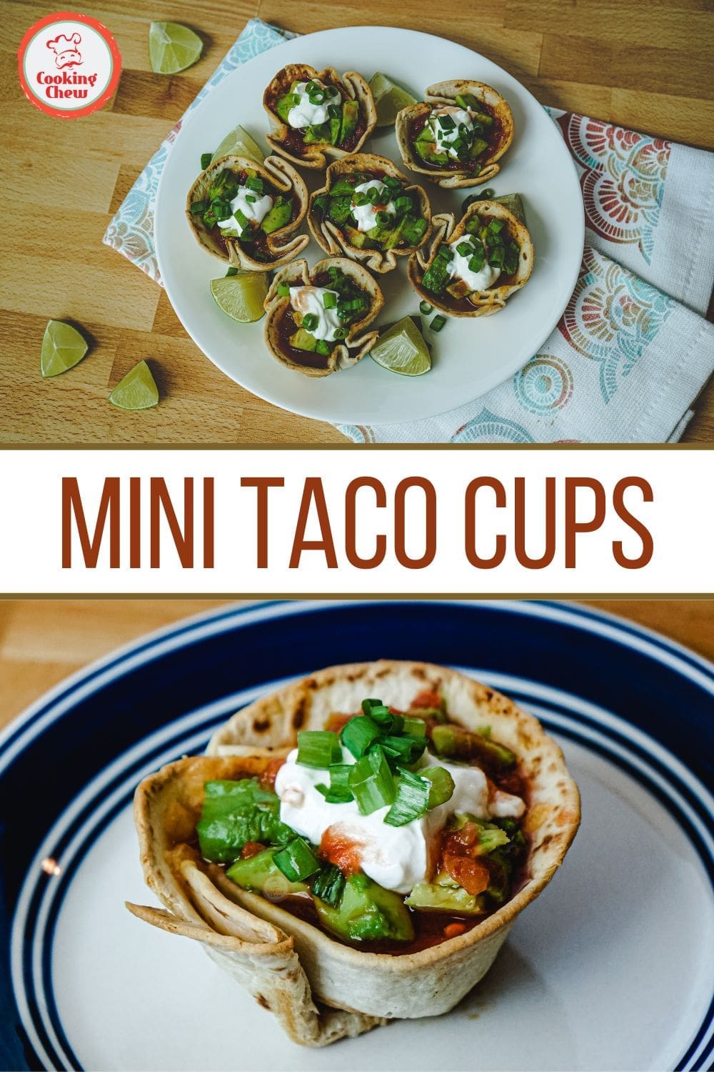 Mini taco cups filled with refried beans and cheese, a perfect appetizer for a Mexican dinner or party
