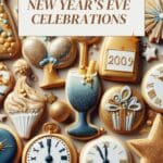 A colorful assortment of New Year's Eve cookies including clocks, champagne flutes, and stars.