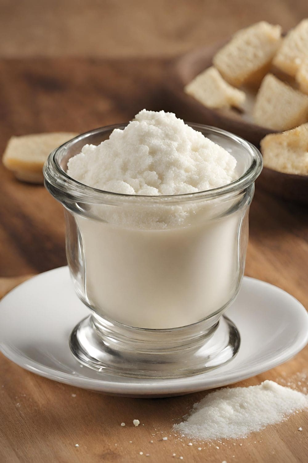 A close-up of a glass cup filled with cream of tartar.