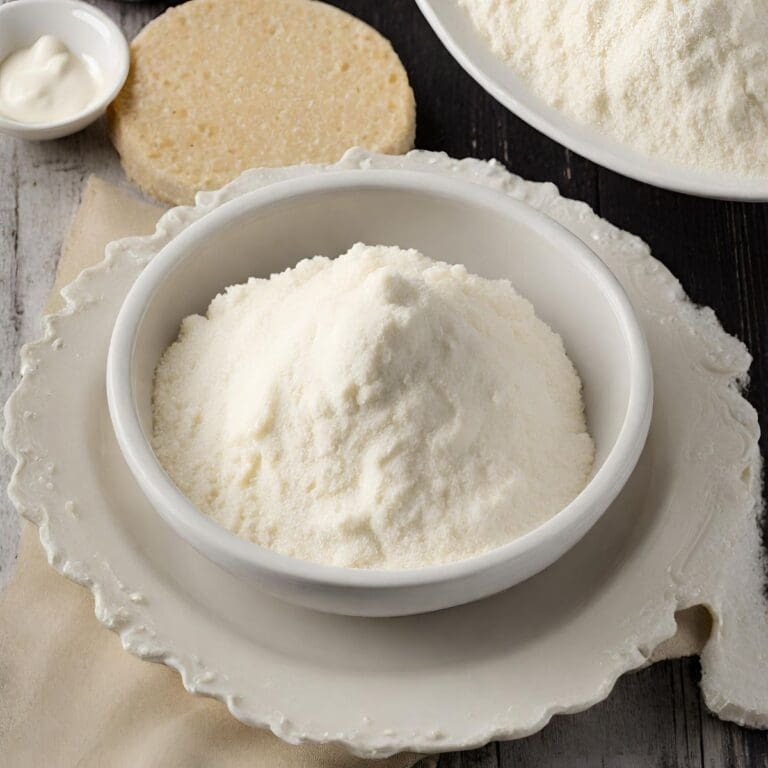 A white ceramic bowl filled with cream of tartar sits on a white plate.
