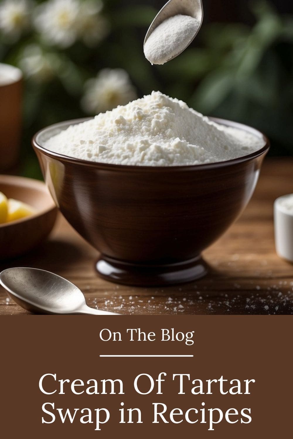 A close-up of a bowl of cream of tartar powder.