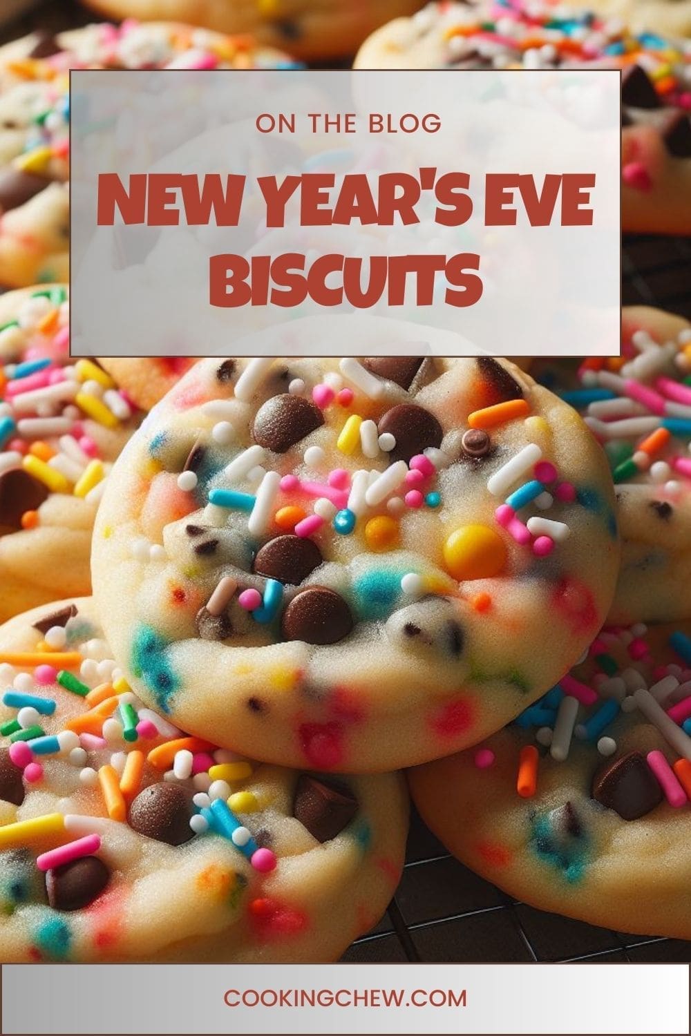 A festive stack of New Year's Eve cookies decorated with chocolate chips, sprinkles, and frosting.