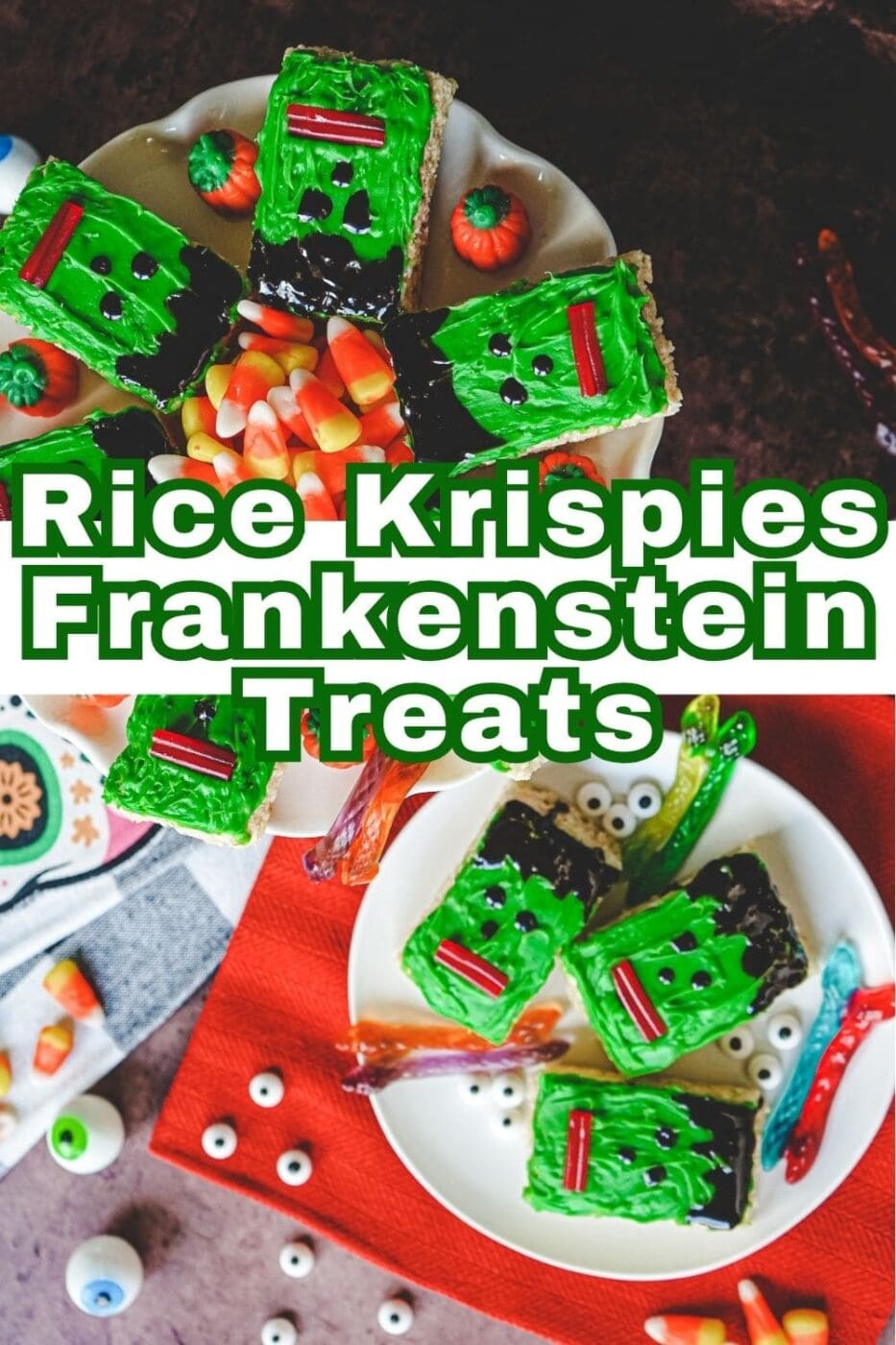 Cute Frankenstein Rice Krispie treats for a fun Halloween snack.