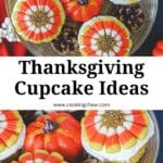 Thanksgiving cupcakes decorated with fall-themed designs and turkey toppers for a festive holiday dessert.