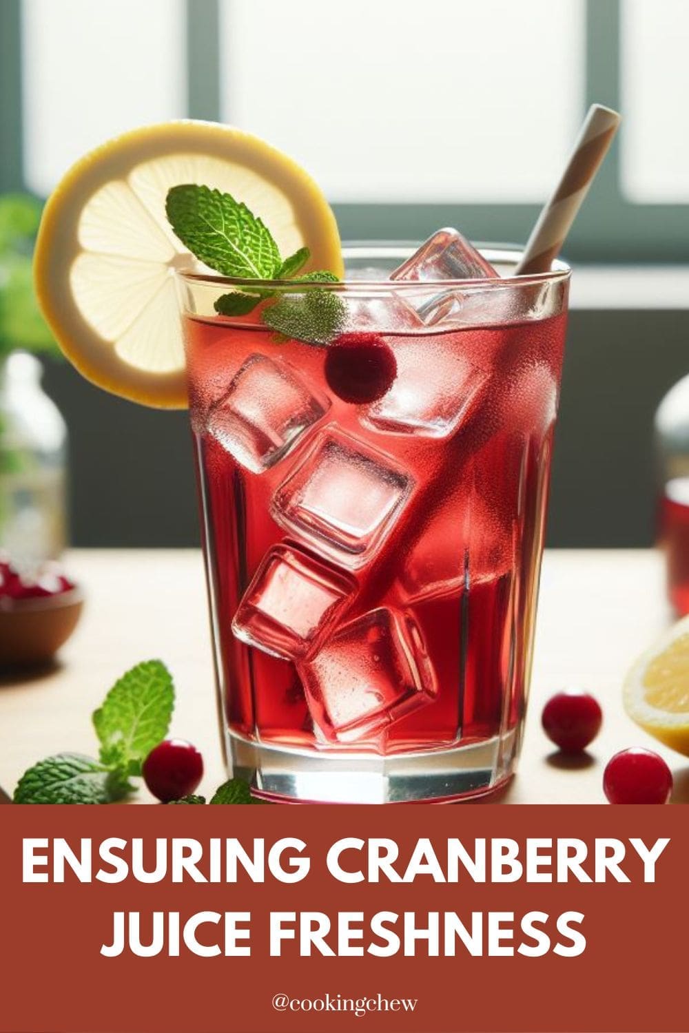 A close-up photo of a glass of cranberry juice with ice cubes and lemon slices.