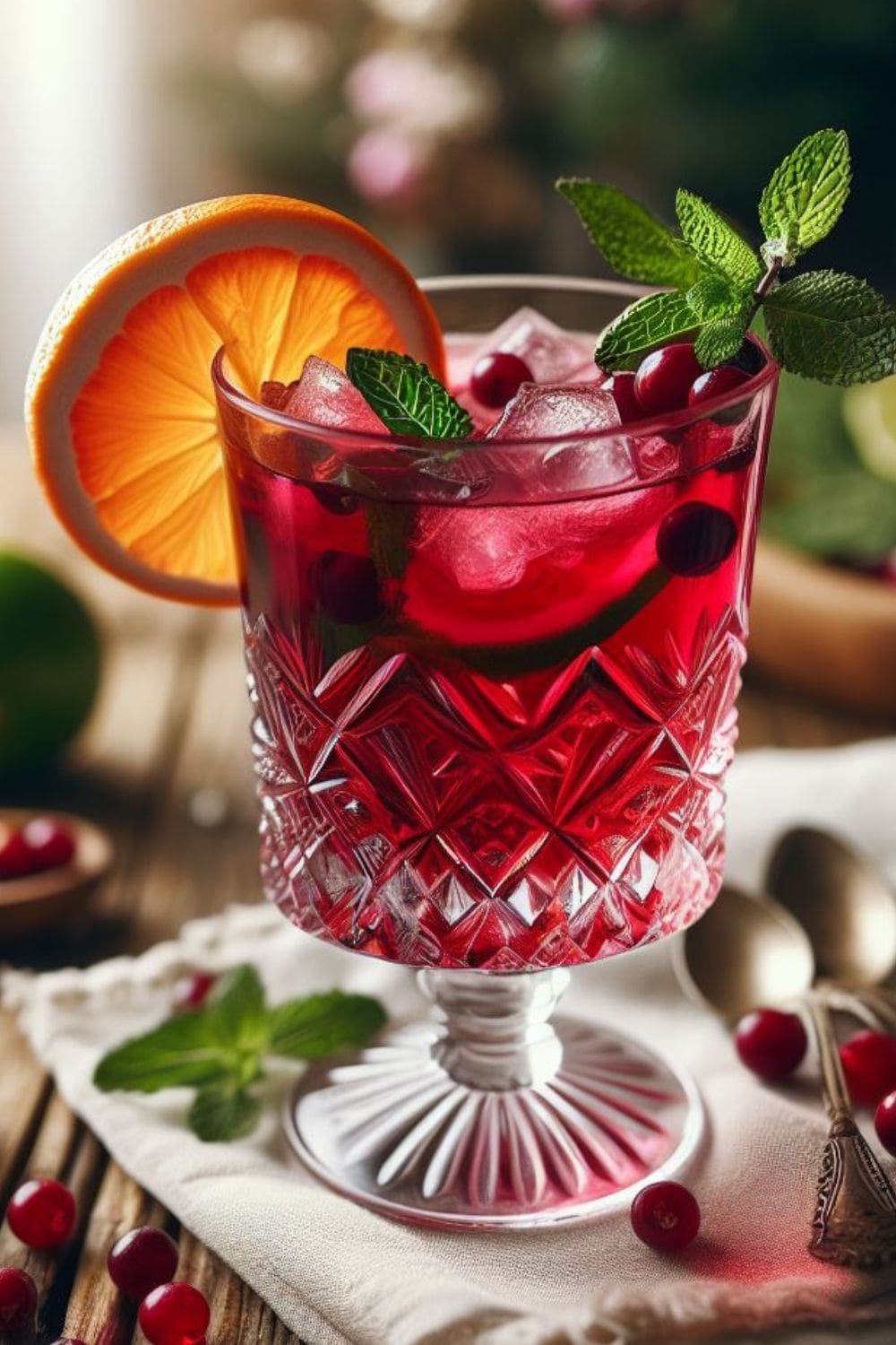 A close-up photo of a glass of cranberry juice on a wooden table, its vibrant red hue and sparkling bubbles contrasting beautifully with the white napkin and rustic background.