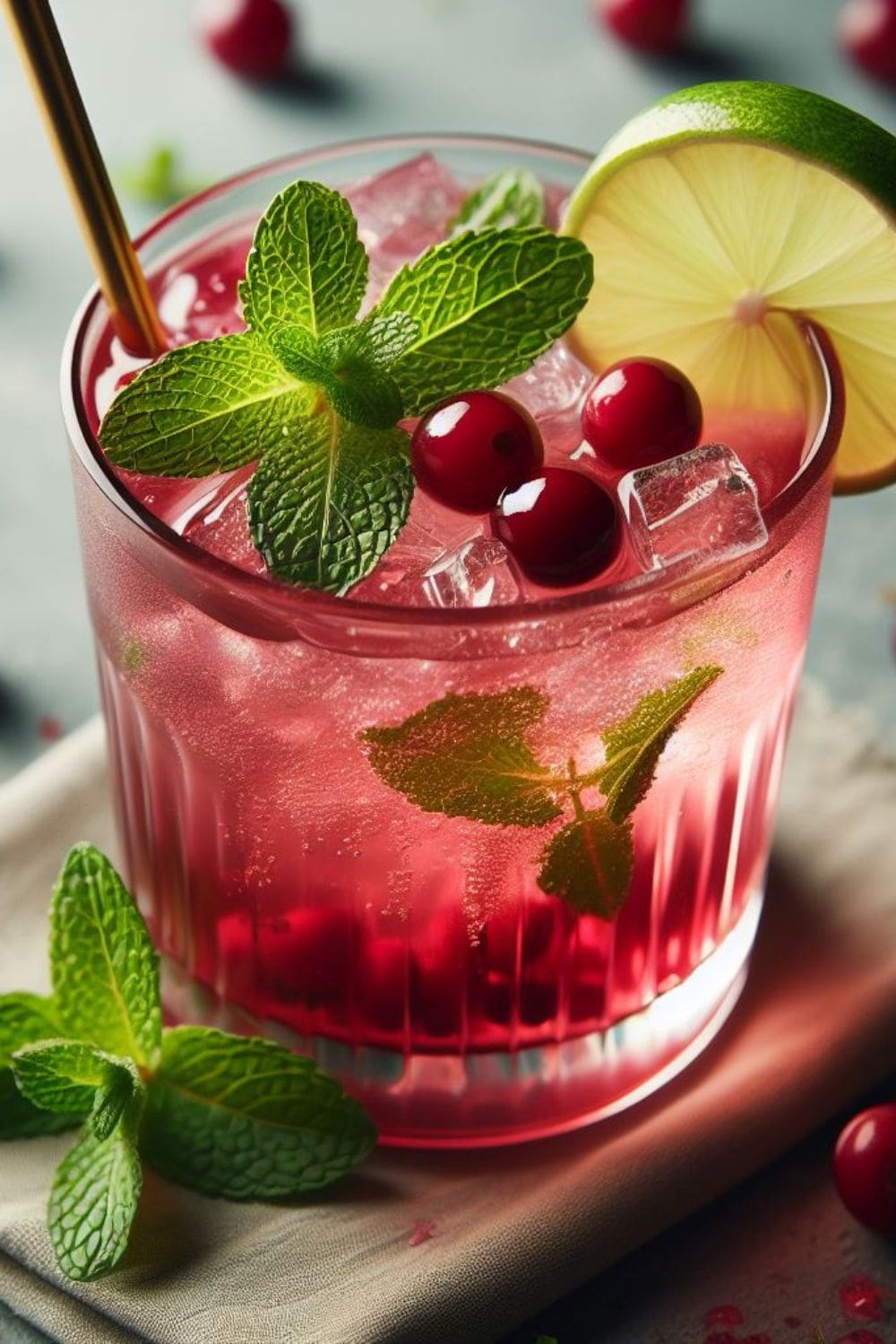 A close-up photo of a glass of cranberry juice on a wooden table, garnished with a fresh cranberry and mint.