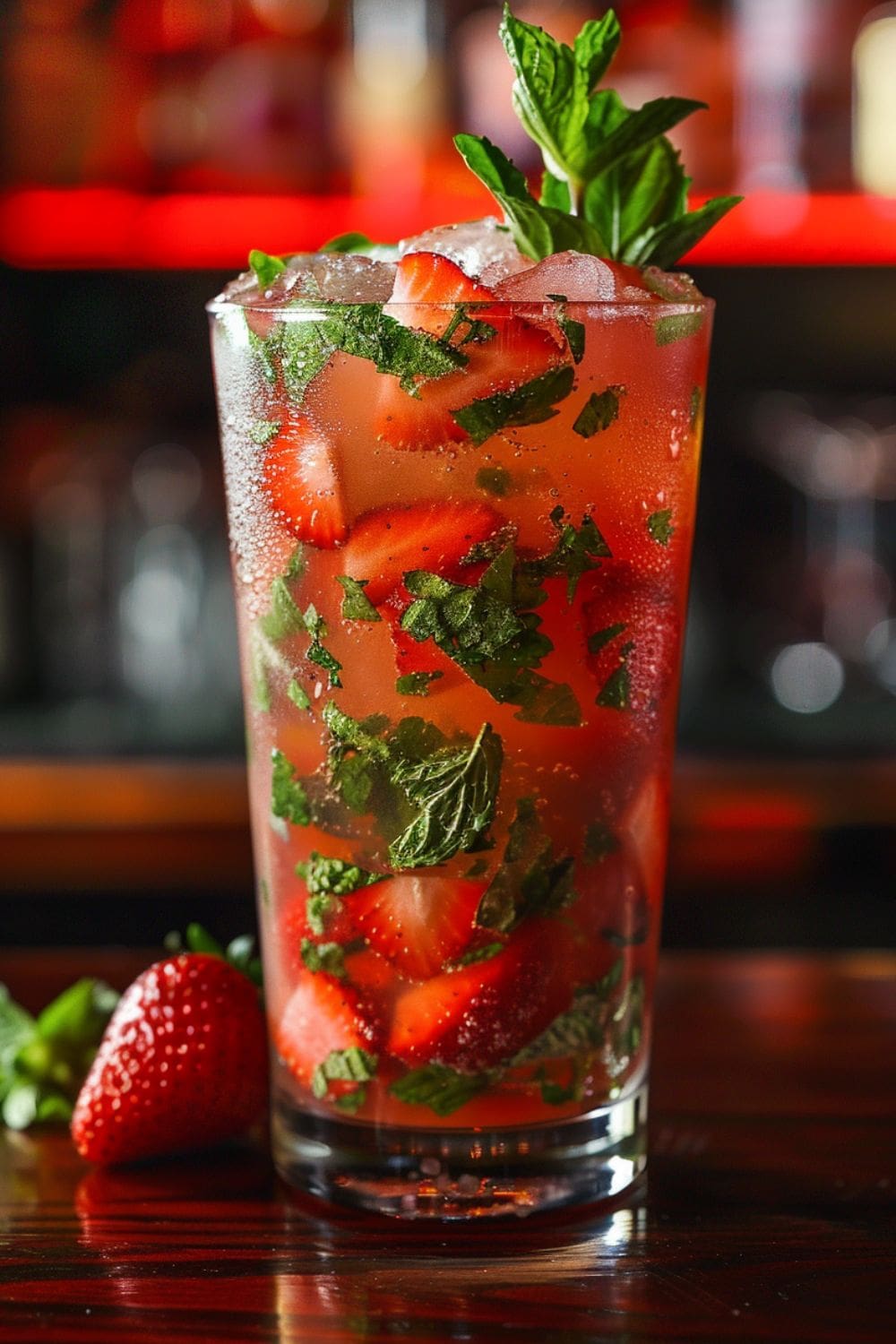 A photo of a glass of strawberry rose lychee mojito on a bar table.
