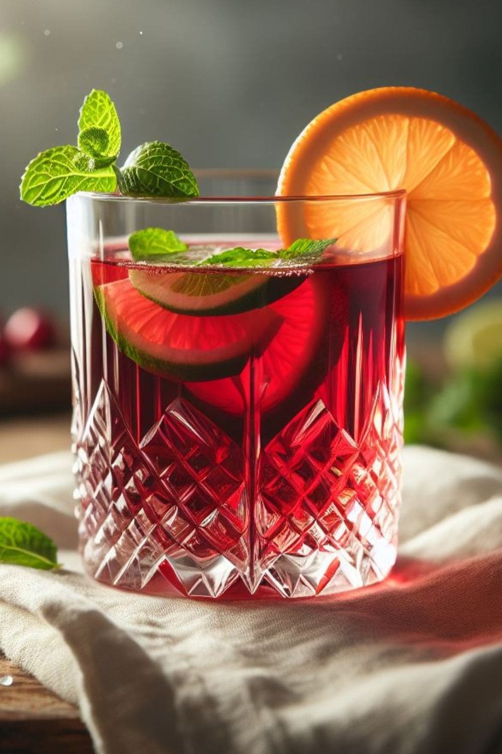 A close-up photo of a glass of cranberry juice with fresh lime and lemon slices and mint garnish.