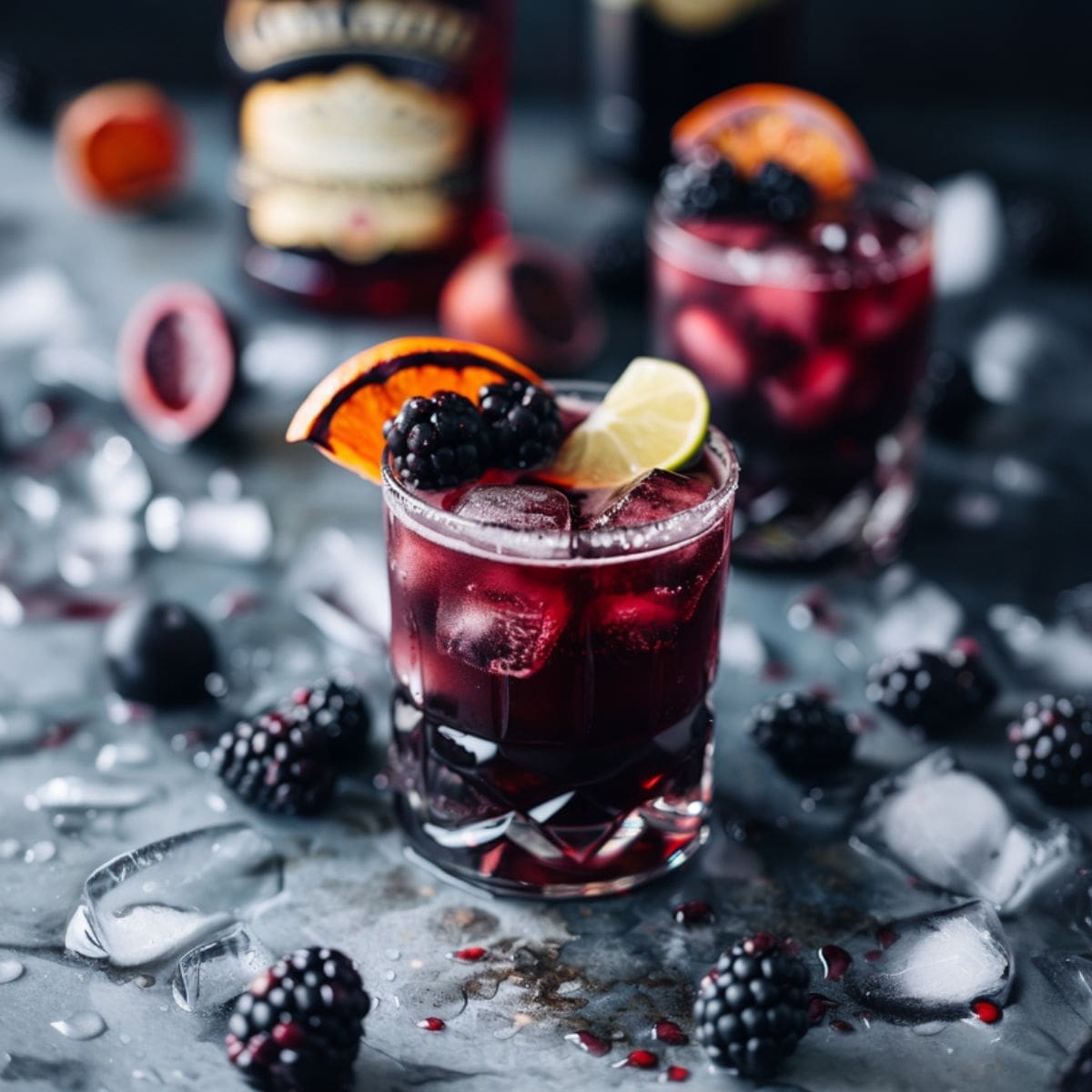 A close-up photo of a glass filled with a blackberry margarita.