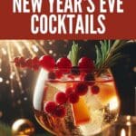 A festive New Year's Eve cocktail spread featuring fizzy, colorful drinks in coupe glasses, garnished with citrus slices and cherries.
