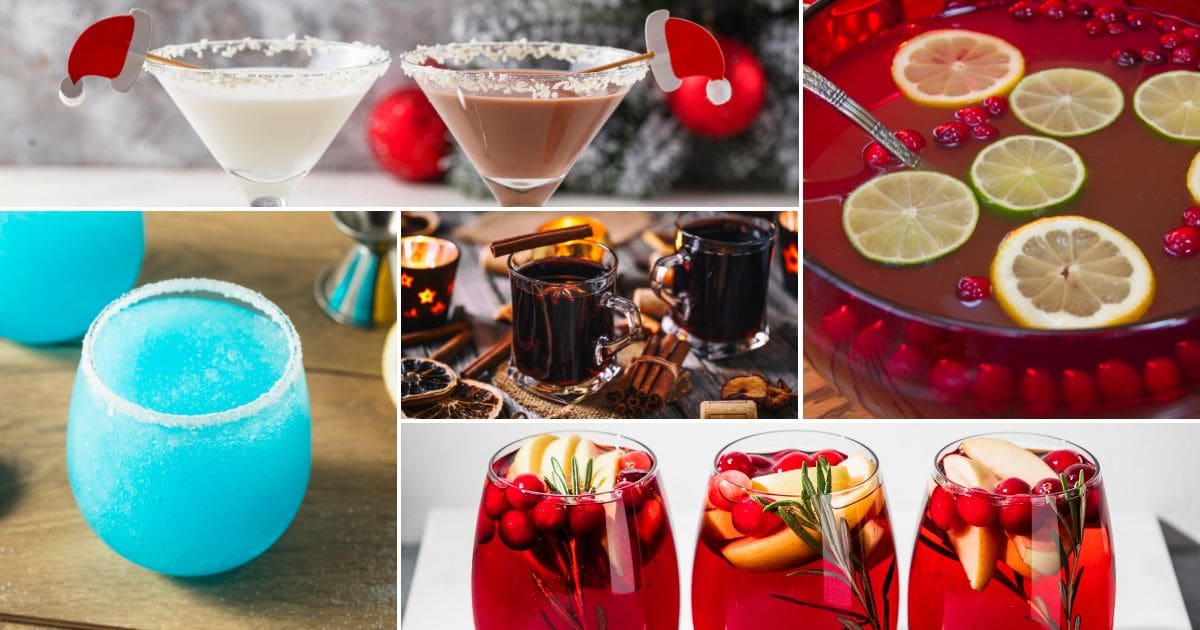 A collage of cozy Christmas cocktails, including a Snowflake Martini, a Christmas Punch, a Holiday Sangria, a Mulled Wine, and a Jack Frost Winter Cocktail.
