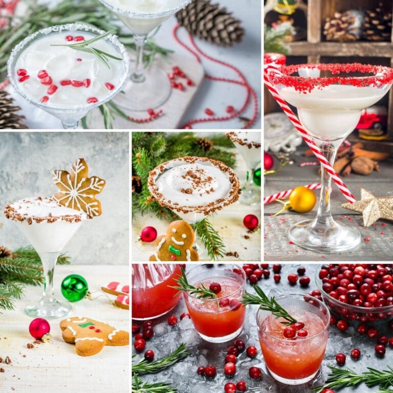 A collage of Christmas cocktails, including a gingerbread martini, peppermint bark martini, cranberry orange spritzer, and spiced apple cider margarita.