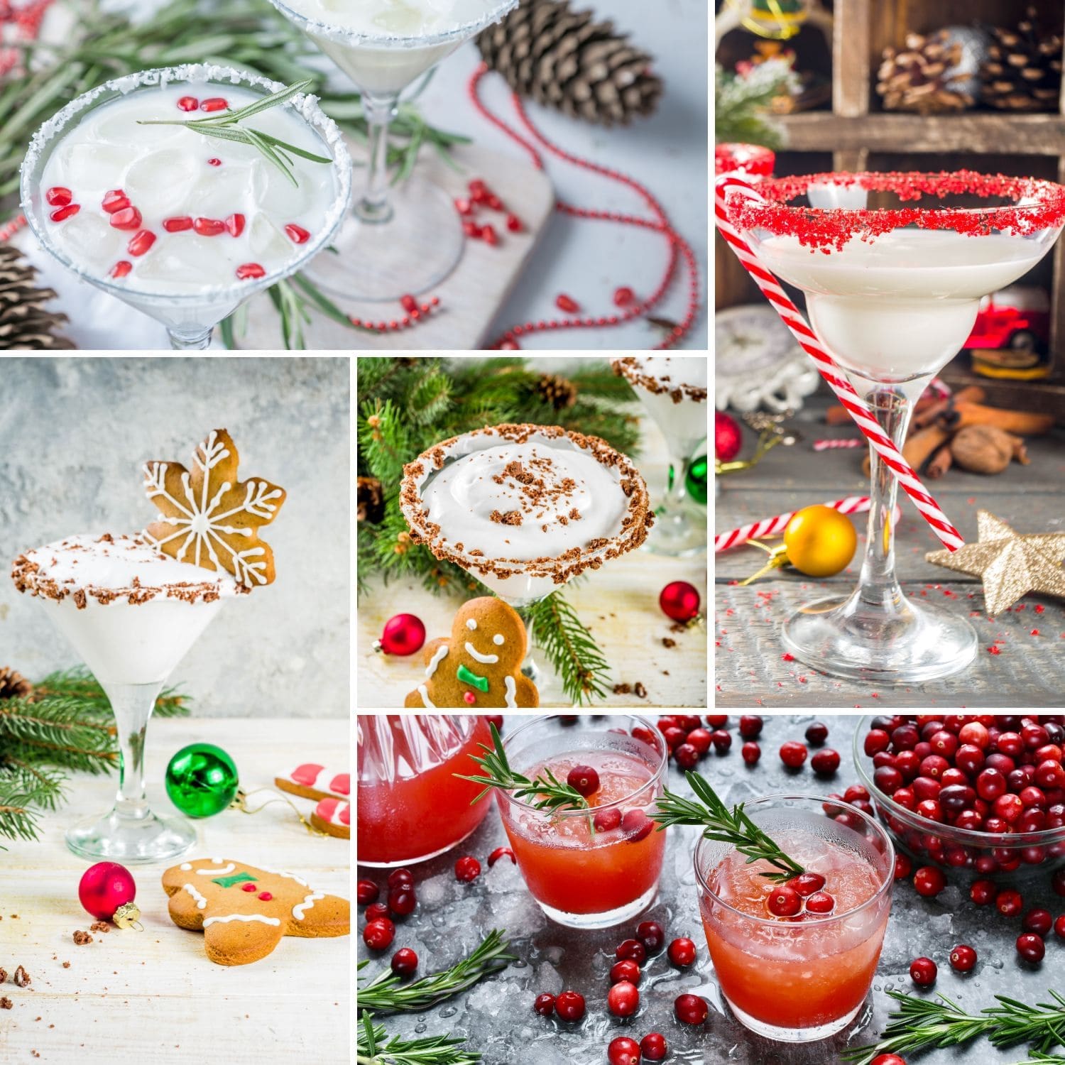 A collage of Christmas cocktails, including a gingerbread martini, peppermint bark martini, cranberry orange spritzer, and spiced apple cider margarita.