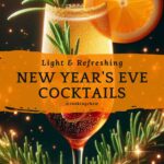 A close-up photo of a New Year's Eve cocktail with fizzy champagne bubbles rising around a bright orange slice.