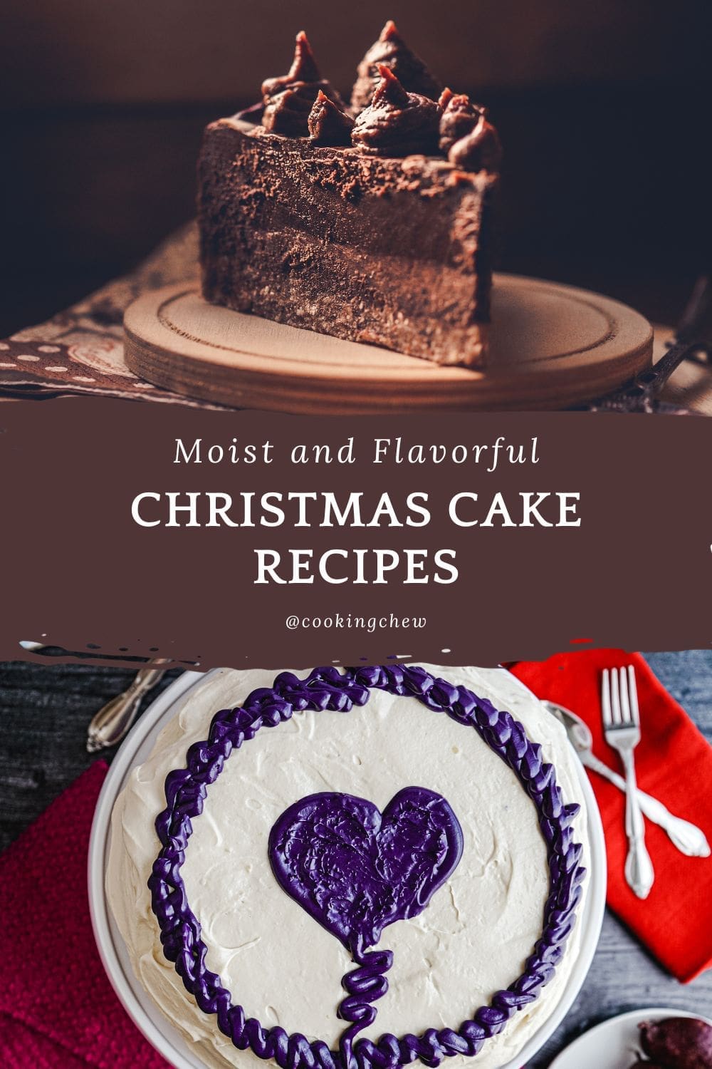 A collage of Christmas Cakes, including a slice of hot chocolate cake, and a plate of ube cake.