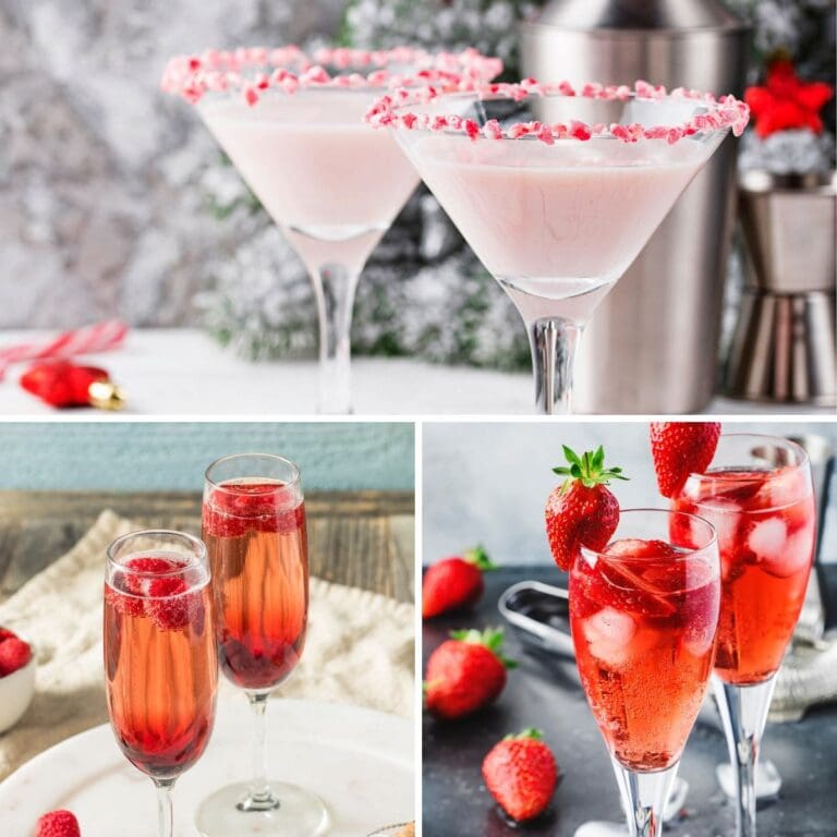 A collage of three refreshing new year’s eve cocktails including kir royale, candy peppermint martini, and strawberry bellini.