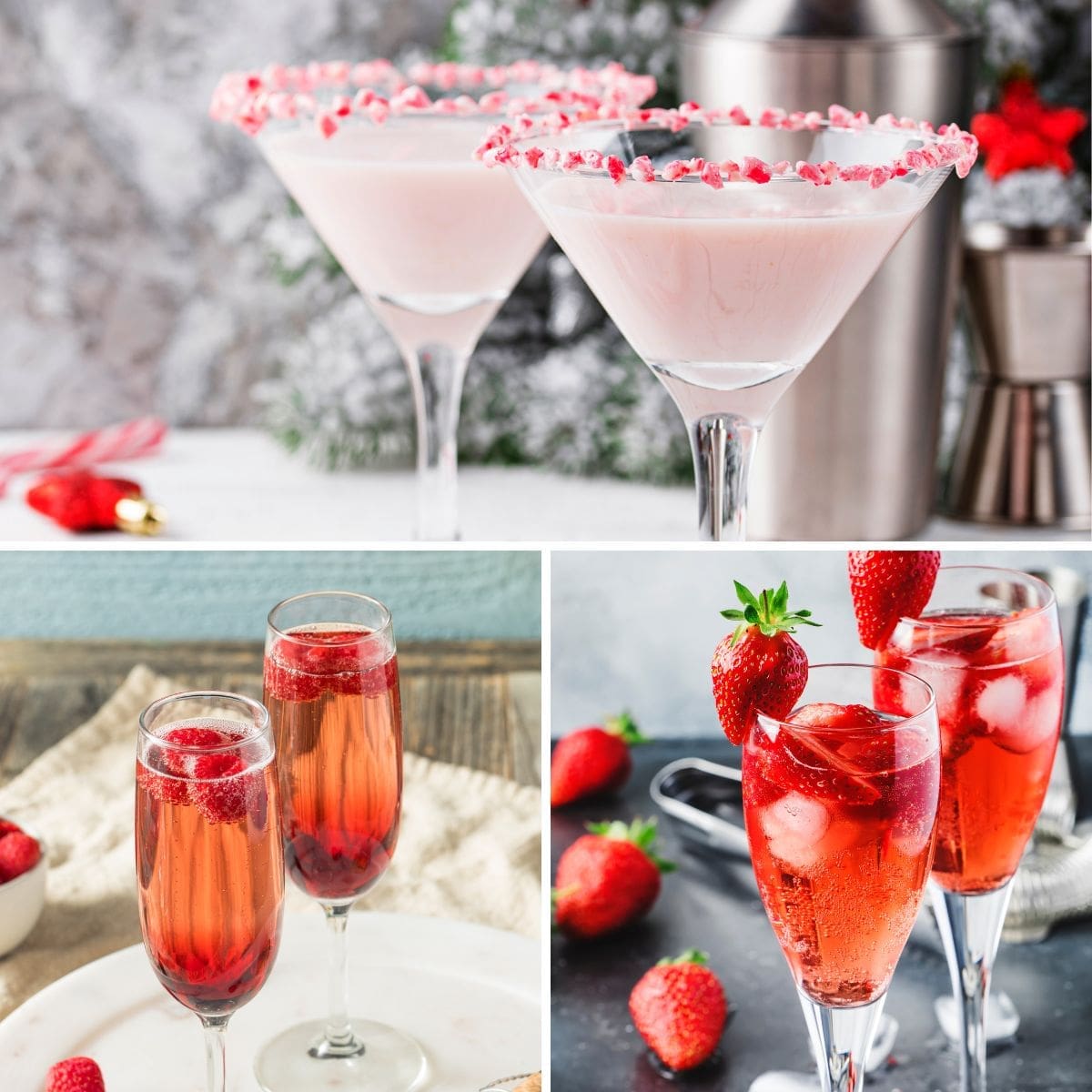 A collage of three refreshing new year’s eve cocktails including kir royale, candy peppermint martini, and strawberry bellini.