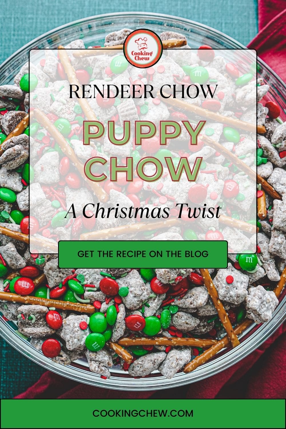A bowl of Reindeer Chow, a Christmas twist on Puppy Chow, made with chocolate Chex cereal, creamy peanut butter, a touch of vanilla, and powdered sugar, all coated in a delightful layer of powdered sugar and topped with Christmas-colored M&Ms.