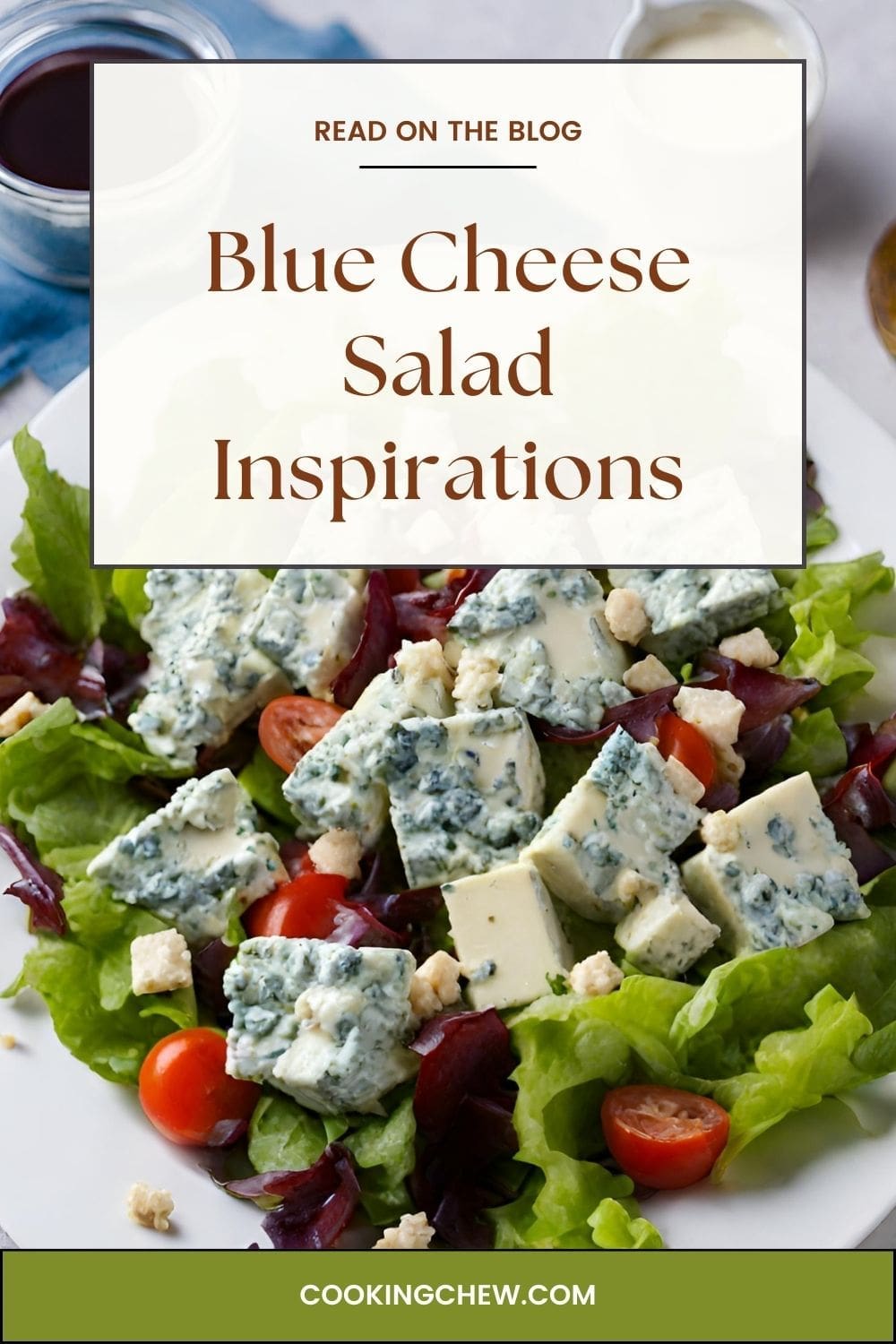 A photo of a plate of blue cheese salad with lettuce, tomatoes, and cheese crumbles.