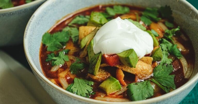 A photo of a rustic tortilla soup in a dark clay bowl.