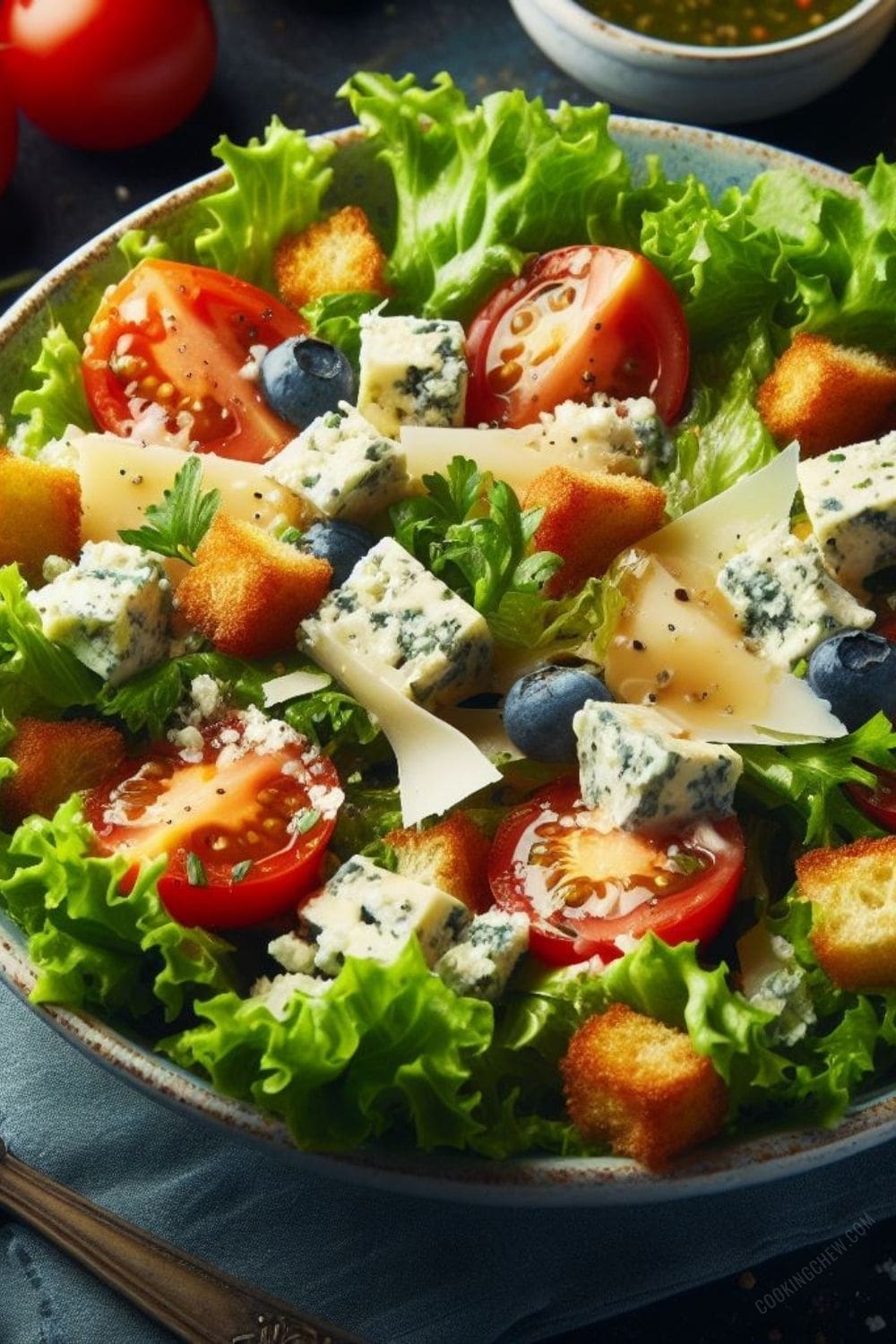 A photo of a colorful blue cheese salad in a clear bowl on a wooden table.