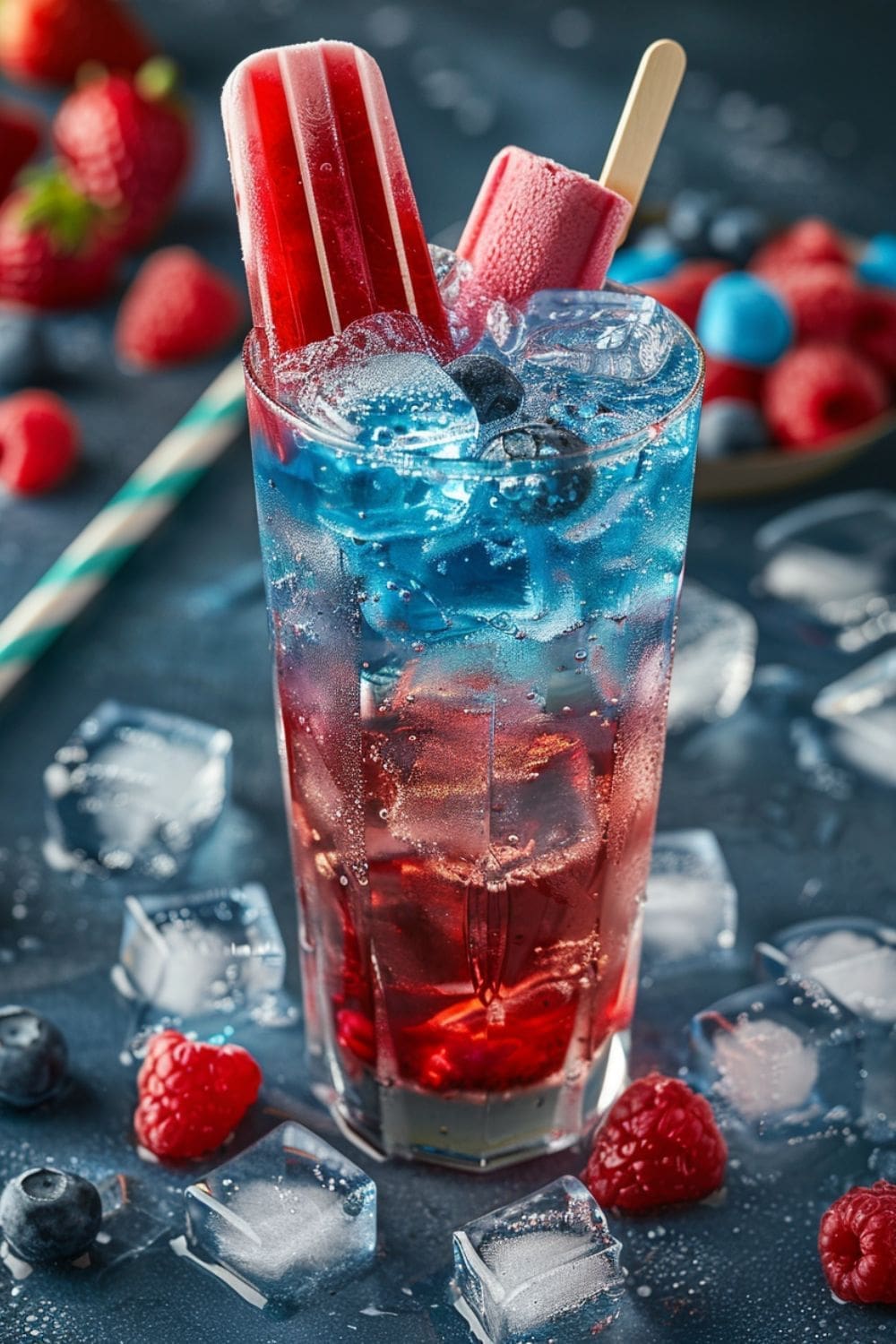 A tall glass with a layered red, white, and blue colored drink with ice cubes and a popsicle on a stick. 