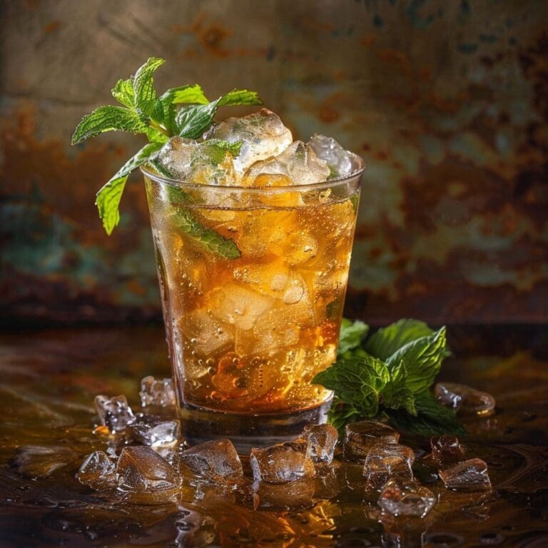 A refreshing glass of mint julep with mint leaves for garnish is on a table