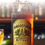 A bottle of Angostura bitters on a metal tray with ice cubes.