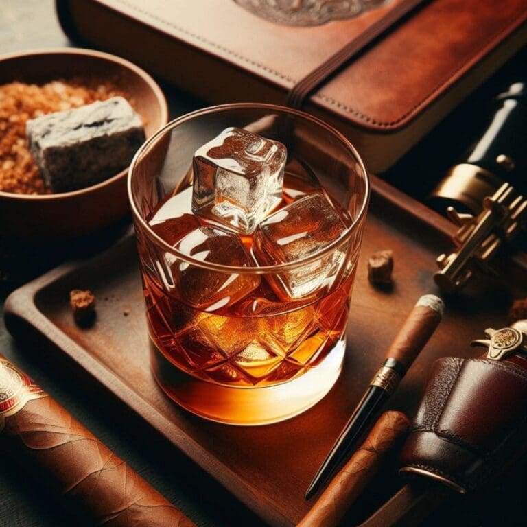 A glass of angostura bitters with ice cubes on a wooden tray, accompanied by two unlit cigars.
