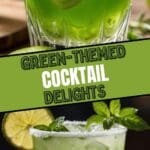 A collage of green cocktails, including rosemary kiwi cocktail and avocado margarita.