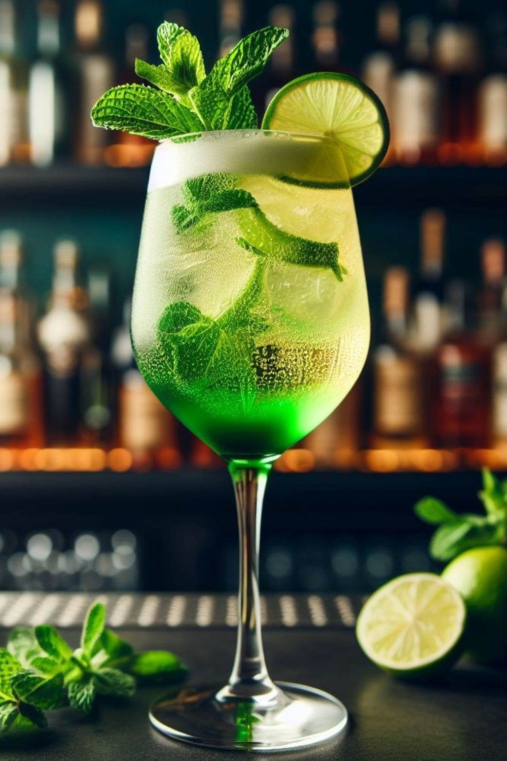 A mojito cocktail in a wine glass with lime slices and mint leaves on a bar counter.