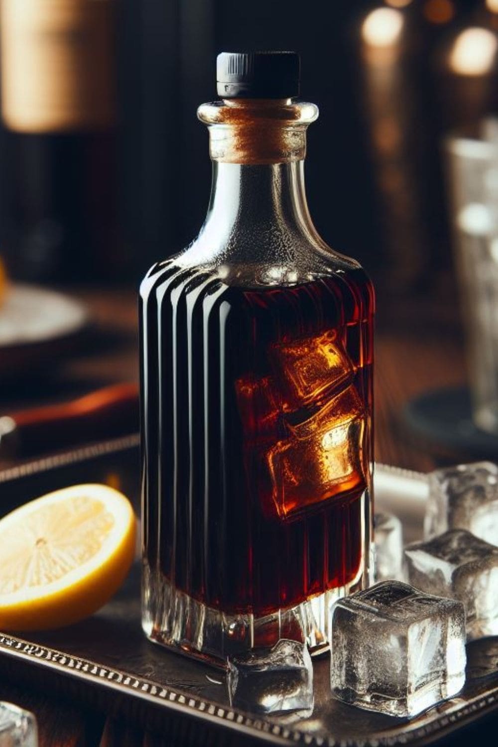 A bottle of liquor, Angostura bitters, on a black metal serving tray with ice cubes.