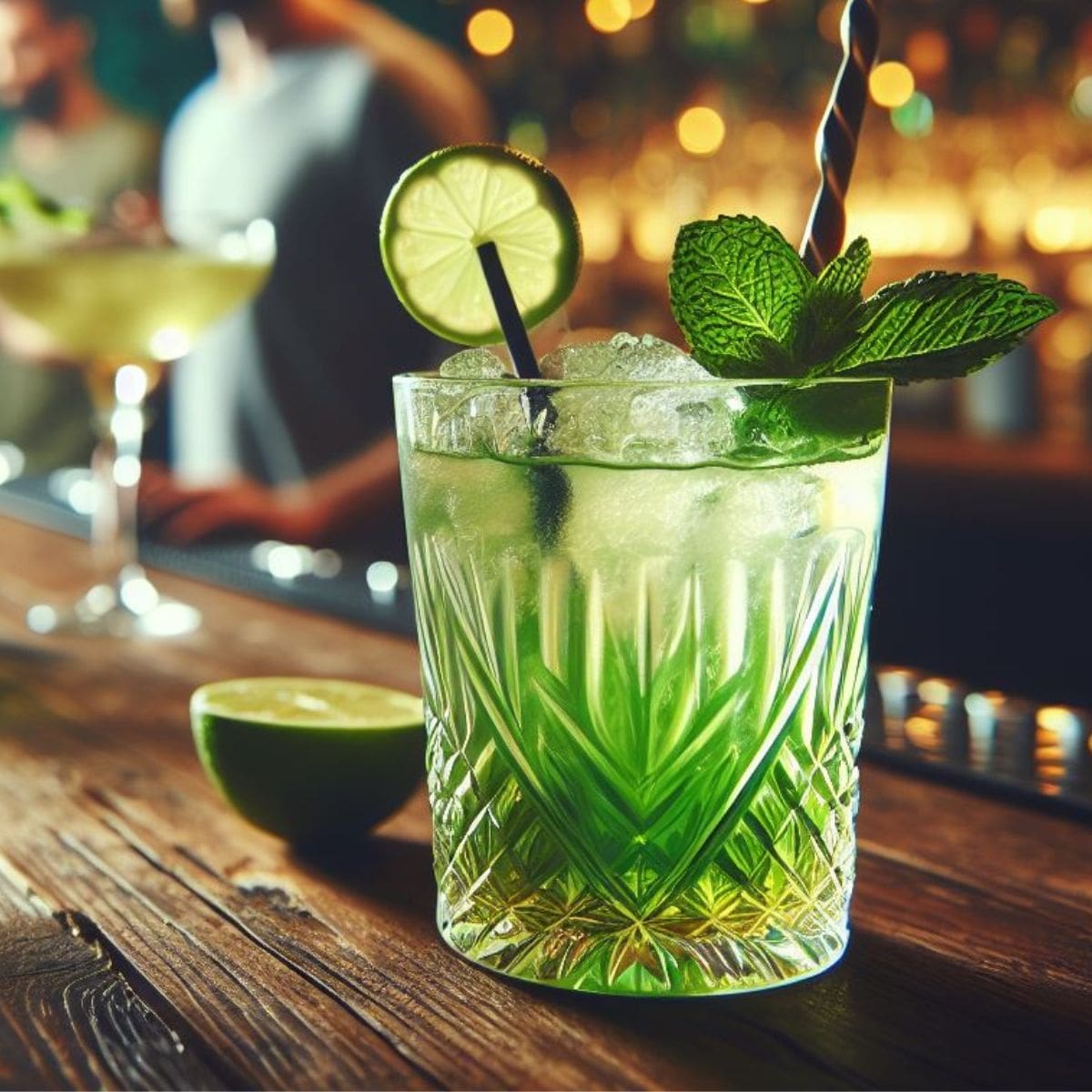 A close-up of a mojito on a bar counter. The drink is light green and has a mint sprig sticking out of it.