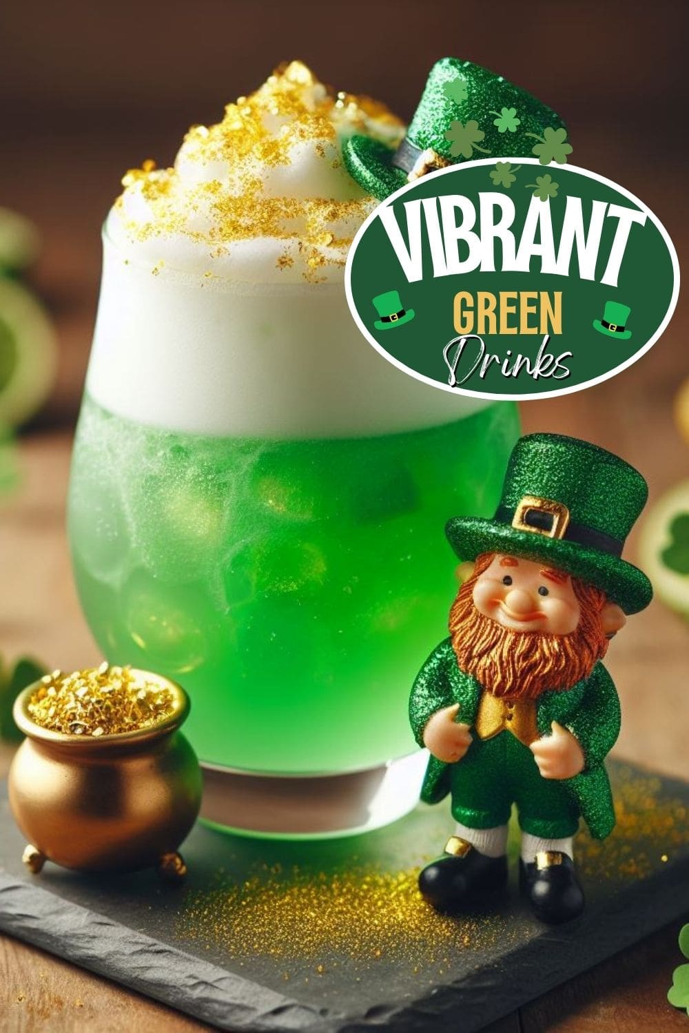A fuzzy leprechaun cocktail in a glass sits on a table next to a leprechaun figurine.