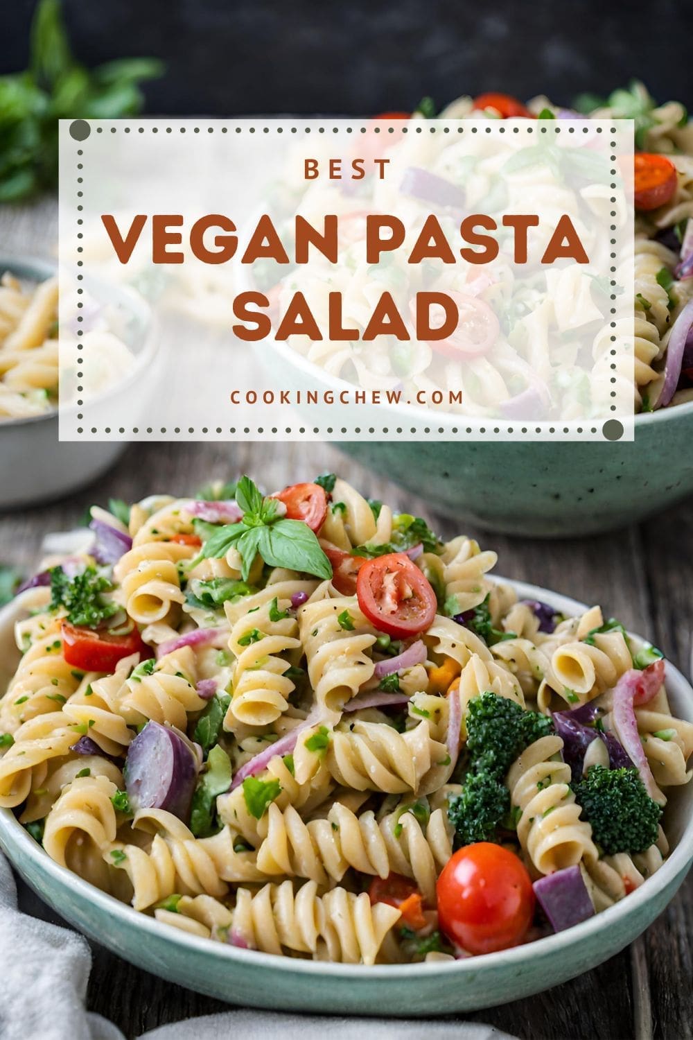 A close-up photo of a colorful pasta salad with fresh vegetables.