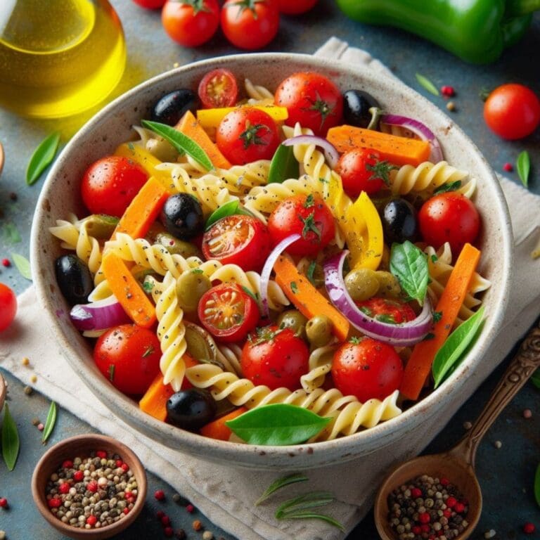 A colorful pasta salad with tomatoes, olives, peppers, and onions on a blue patterned plate on a wooden table.