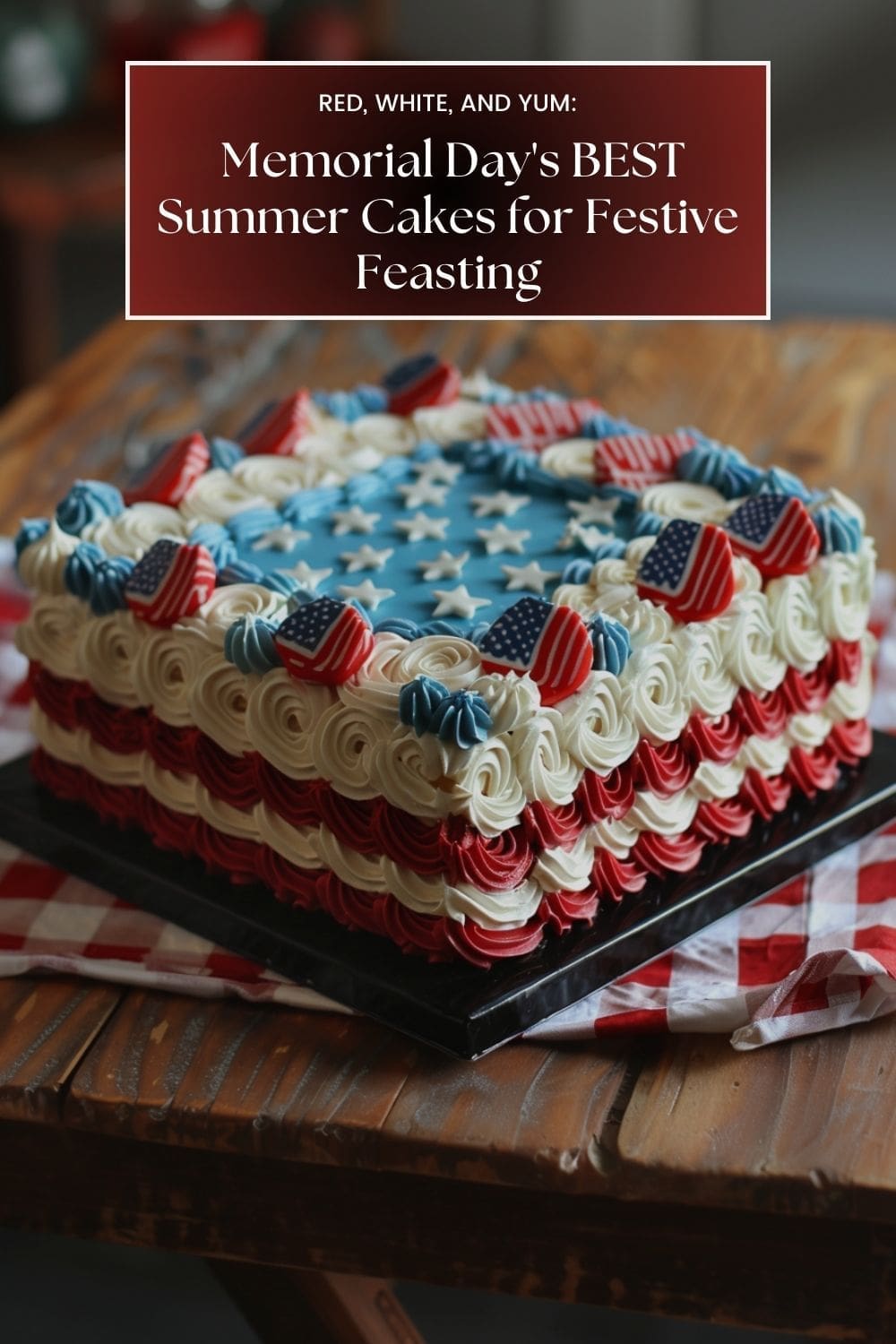 A square cake decorated with a swirl pattern frosting in red, white, and blue icing sits on a wooden table.