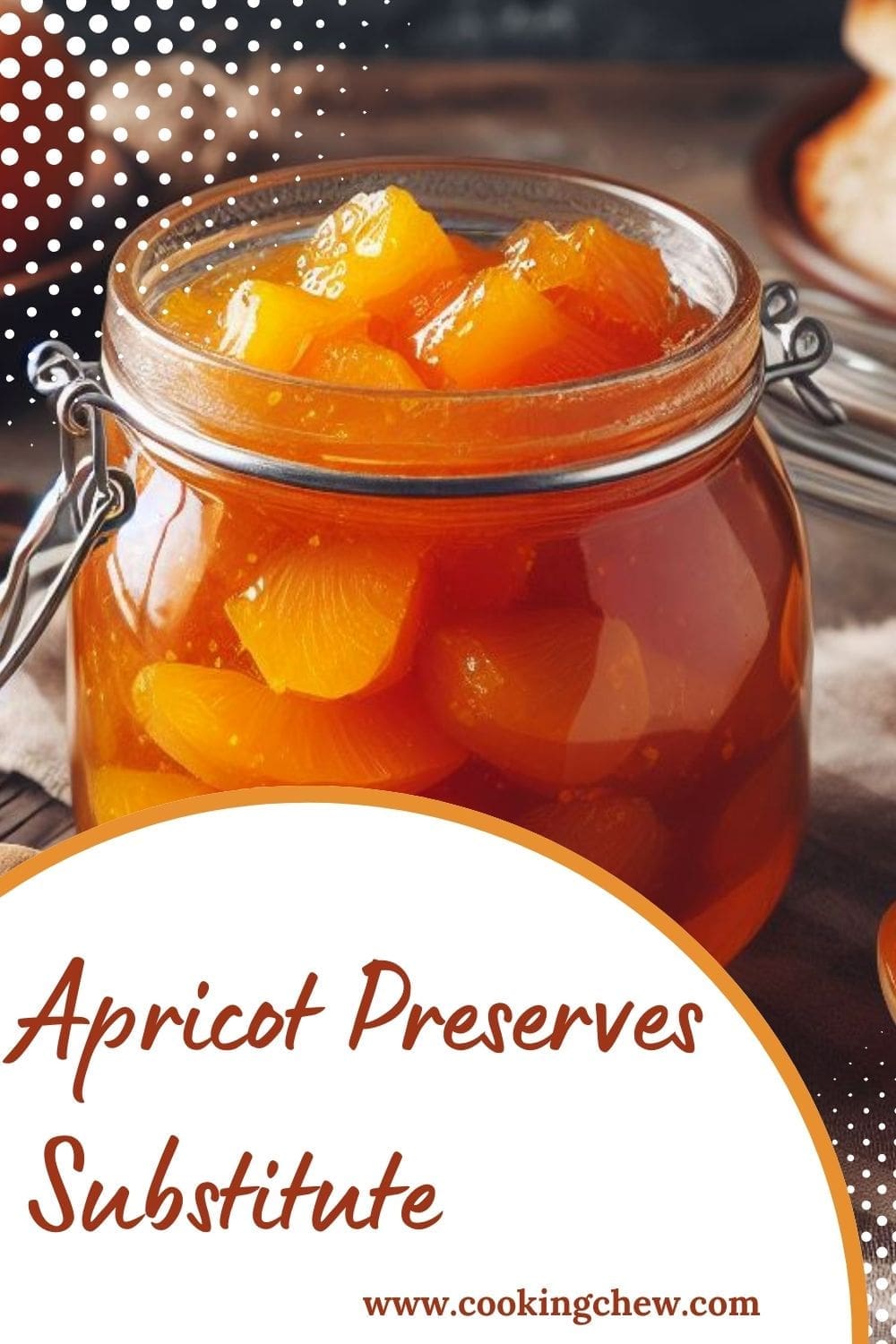 A close-up of a glass jar of apricot preserves on a wooden table.