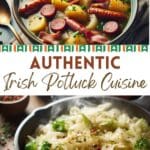A close-up photo of a two part Irish potluck meal. On the top side of the image is a plate of dublin coddle. On the bottom side of the image is a pan of sautéed cabbage