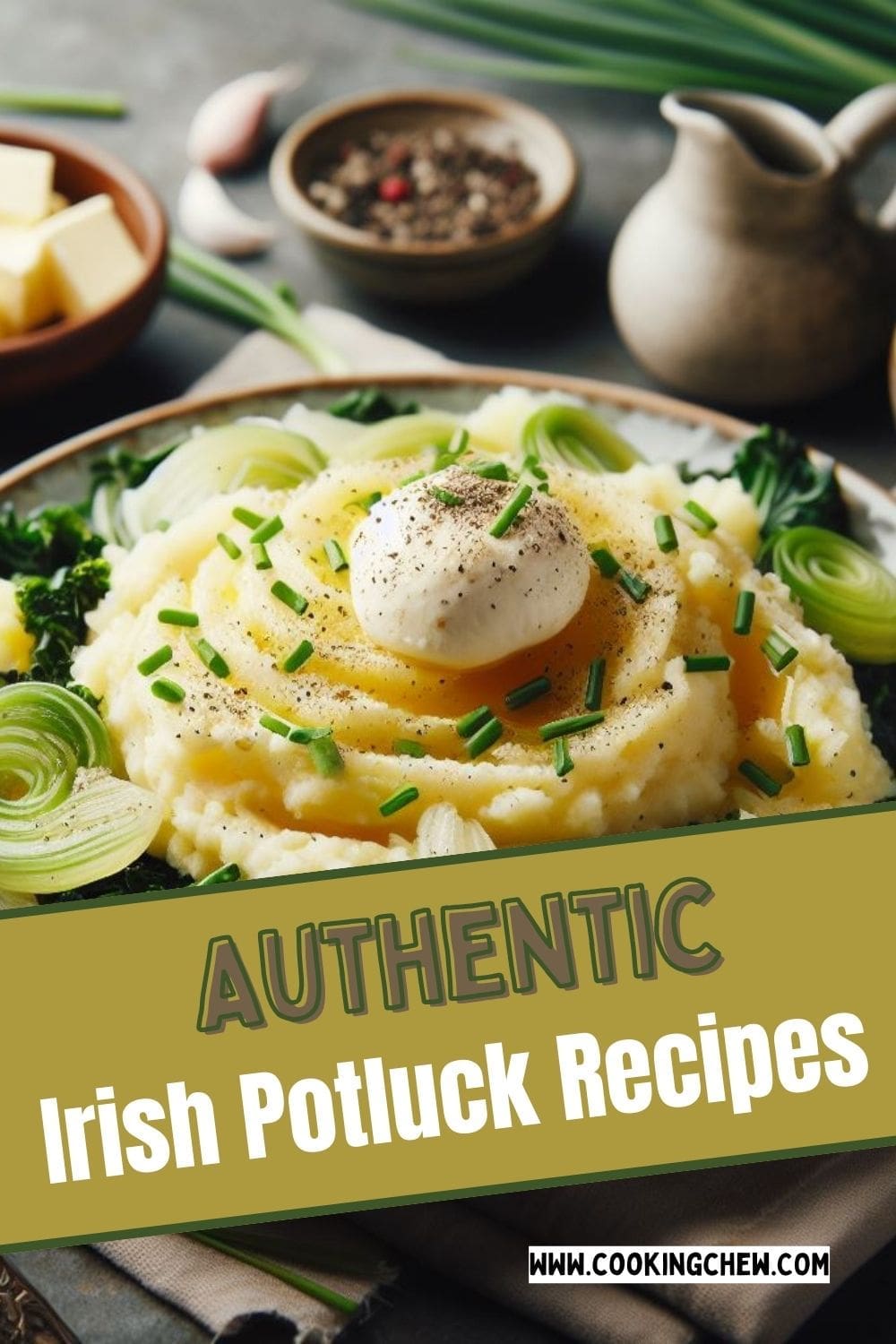 A plate of irish colcannon with mashed potatoes, chopped green onions and whipped cream on top. 