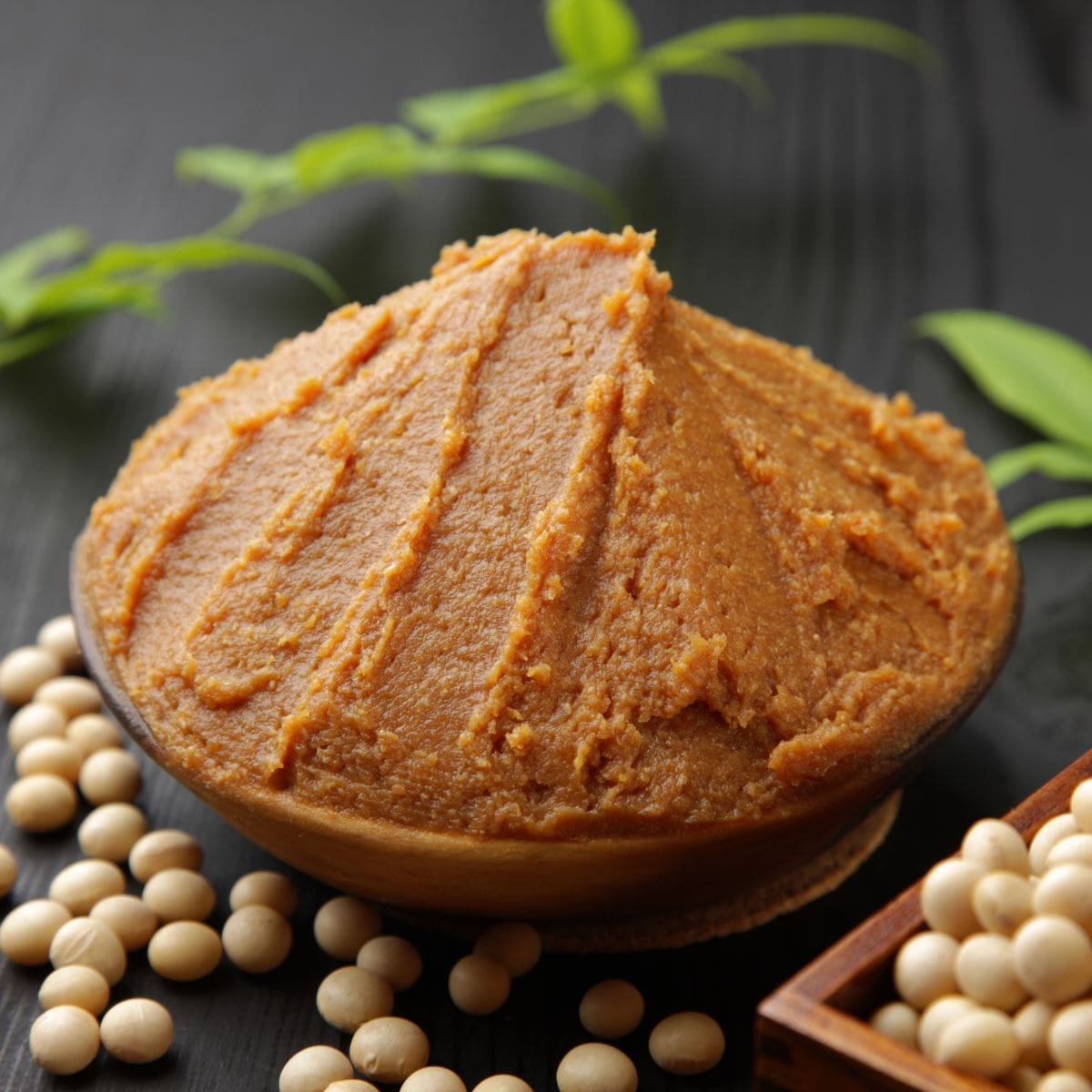 A close-up of a bowl of dark brown miso paste with a smooth, slightly chunky texture.