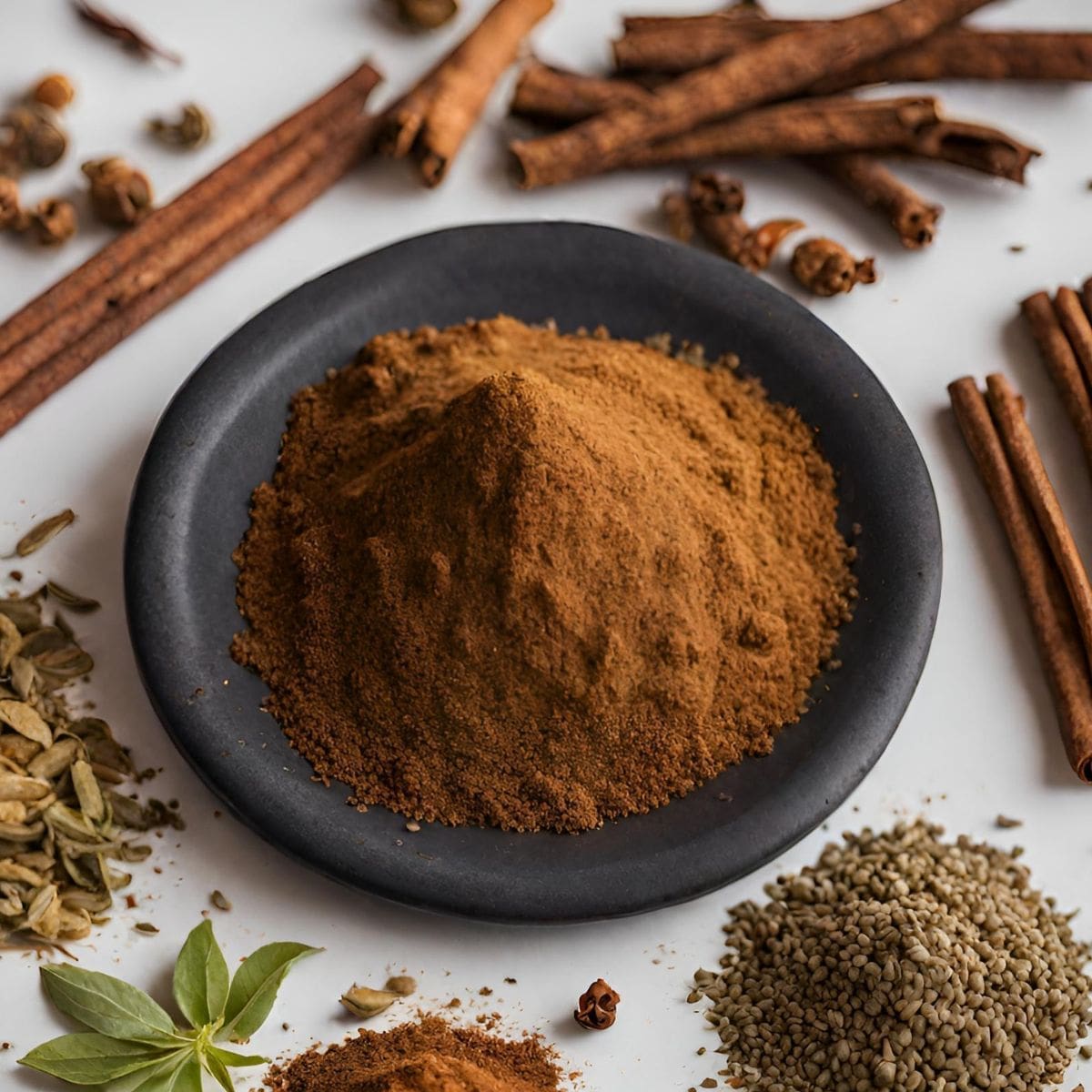 A close-up view of a bowl of garam masala.
